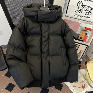 Retro American Brown Leather Jacket Mens Winter Cotton Coat High Collar Hooded Warm Bread Style Cotton Outerwear