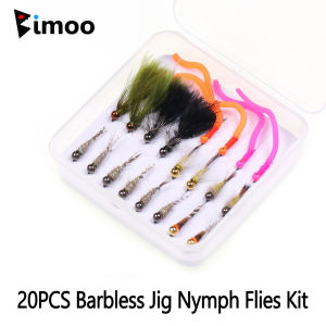 Bimoo 20pcs Barbless Jig Nymph Jig Streamer Flies Kit Fast Sinking Wet Perdigon Nymph Woolly Bugger Trout Grayling Fishing Lures