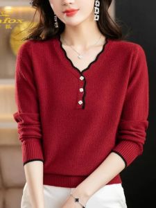 High-End Cotton Soft Floral Edge Beautiful Knit Shirt Large Size Womens Loose Airy Slimming Pullover Sweater for Spring and Autumn