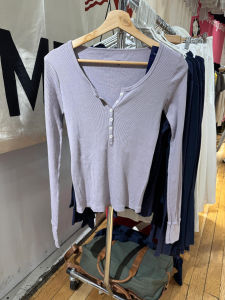 BM Purple Grey Ribbed Long Sleeve Womens T-shirt Slim Fit Base Layer Shirt City Walk Casual Style Cotton Pure Cotton