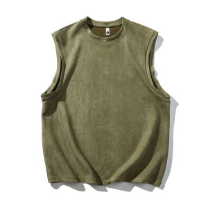 Áo Vest Không Tay Bằng Da Lộn Nam Mùa Hè 2024 Phong Cách Mỹ Cổ Điển Dày Màu Trơn Rộng Rãi Tay Áo Thun Áo Nỉ Thường Ngày