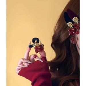 Red Tassel Hair Clip Womens Vintage Luxury Metal Beaded Hair Gripper Stylish Hair Accessories Korean Style Side Clip