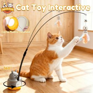 2 in 1 Handheld & Pasteable Cat Teaser Toy 360° Rotatable Base Interactive Cat Wand with Feather