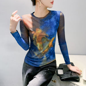 เสื้อยืดเข้ารูปพอดีคอกลมแขนยาวลายดอกไม้สีแฟชั่นบลูใหม่ฤดูใบไม้ร่วง/ฤดูหนาว