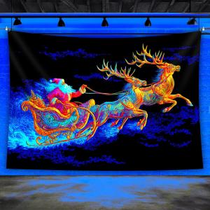 VIKAMA Christmas Miracle Tapestry Reindeer Sleigh Living Room Holiday Decor Childrens Room Christmas Theme Room Decor