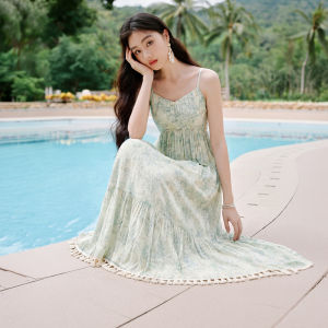 XIANGYING | Floral Print V-Neck Vacation Dress