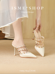 Stiletto Heel Womens Sandals 2025 Summer Wear Outdoors Half Slippers Versatile High Heels Rivet Decorated Thin Heel Commute