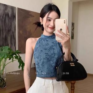 chaqi | Floral Embroidery Off-shoulder Halter Crop Top Vest Slim Fit