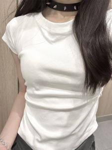 Short Sleeve round Neck T-Shirt Womens Summer New Style Short Shoulder Base Shirt Waist Inward round Neck Top Pure Color Slim Fit