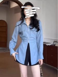 plus Size Womens Shirt Fashionable Waist-Cinching Side Pleats Slimming Top Korean Style Commute Wind Long Sleeve POLO Collar