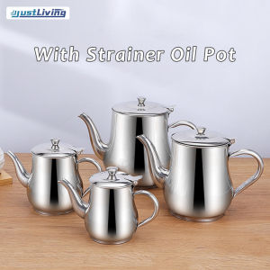 JustLiving 1Pc Stainless Steel Oil Pot with Strainer Grease Container Spice Jar Oil Dispensing Bottles Oil Storage Can for Home Kitchen - Perfect for Condiments and Small Meals