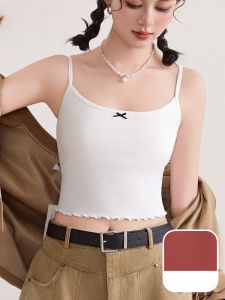 MiiOW | Áo ba lỗ nữ mùa hè mới 2025 Áo ba lỗ một mảnh có đệm ngực Áo khoác ngoài Áo ba lỗ cổ chữ V tay không dây có nơ và viền ren