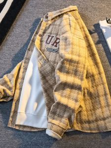 แจ็คเก็ตขนสัตว์สไตล์อเมริกันย้อนยุคสำหรับผู้ชาย ทรงหลวม ลายสก็อต แจ็คเก็ตทำงาน แจ็คเก็ตผู้ชายฤดูใบไม้ผลิและฤดูใบไม้ร่วง