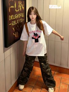 Áo Thun Cotton Tay Ngắn Màu Trắng Dáng Rộng Phong Cách Mỹ Dành Cho Nữ Mùa Hè Thiết Kế Đơn Giản Cổ Tròn in Họa Tiết Hoạt Hình