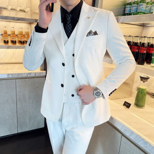 White Mens Suits 3 Pieces Slim Fit Peak Lapel Formal Wedding Groom Wear Blazer Tuxedos for Party Dinner(Jacket+Pants+Vest)