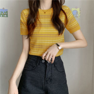 Tail-cut Remaining Order Womens T-shirt Striped Short Sleeve