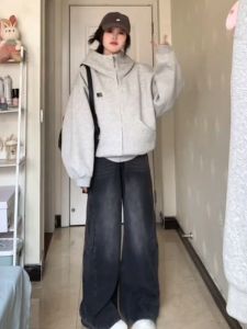 Quần Jeans Ống Rộng Cạp Cao Phong Cách Retro Màu Đen Xám Dài Cho Nữ Quần Ống Rộng Ôm Dáng Dài Đến Sàn Quần Jeans Thường Ngày