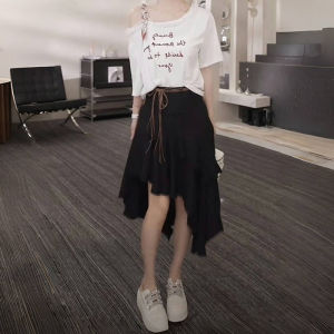 Shalldoer | Áo thun tay ngắn in chữ mùa hè cho nữ váy nửa thân không đều bộ đồ hai mảnh thời trang thường ngày chất liệu polyester