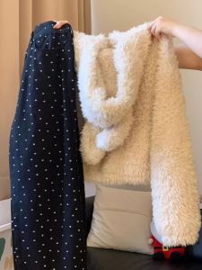 Korean Style Womens Lamb Fur Jacket And Jeans Two-Piece Set with Rabbit Ears Winter Fashion Ensemble Complete Set