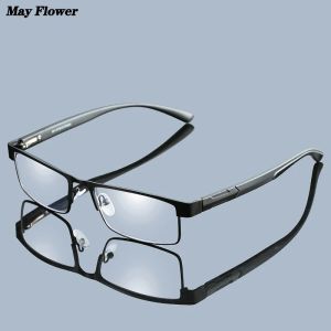 May Flower Reading Glasses Titanium Alloy Coated Lenses  Presbyopic Eyewear Square Anti-Blue Spectacles Eyeglasses For Men+3.5+4