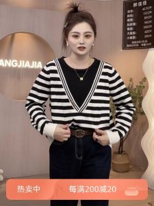 plus Size Womens Striped Knitwear round Neck Sweater Conceal Meat Slimming Versatile Autumn Winter Fashion Korean Style Commute