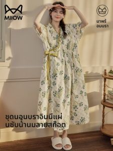 MiiOW | ชุดนอนผู้หญิง Catman ลายดอกไม้หวานๆ ฤดูร้อน 2025 ชุดนอนสไตล์ชนบทสดชื่น ลดอายุ ชุดอยู่บ้าน ชุดนอนผู้หญิง ชุดนอนแขนยาว คอวี