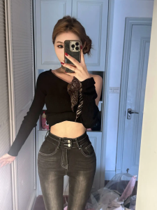 High Waist Bell Bottom Jeans Womens Elastic Slimming Lengthening Leg Effect Distressed Cotton Stretch Denim Spring Autumn