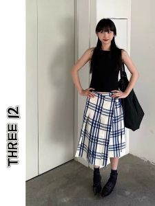 American Retro  Blue Checkered One-Piece Pleated Summer Midi Skirt Women Adjustable Slimming Skirts Korean Style Asymmetric