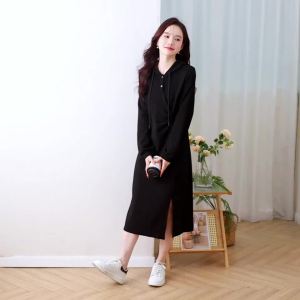 AMMIN 2024 Autumn new button-hooded round neck fashion pleated waist simple solid color casual long-sleeved mid-length A-line elegant dress