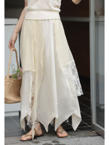 High Waist Lace Patchwork Midi Skirt Womens Summer 2026 New Style Slimming Asymmetrical Elegant Skirt in Beige Color
