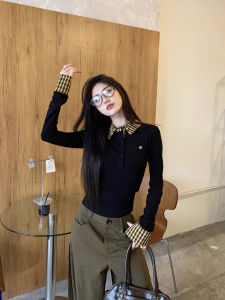 Retro Fake Two-Piece Plaid Stitching Lapel Long Sleeves T-shirt Female Fall and Winter Stylish Small Man Slim-Fit Underwear Top