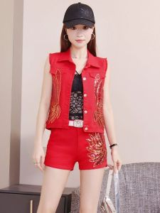 Fashionable Embroidered Sequin Elastic Denim Vest Shorts Set Womens Korean Style Summer Autumn New Arrival Breathable Cotton Polo Shirt