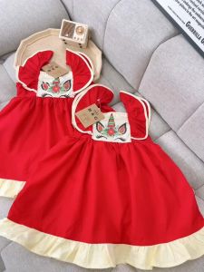 Váy Đầm đỏ xòe rộng tay bồng cánh tiên phối màu kem xinh xắn cho bé 8 - 22kg