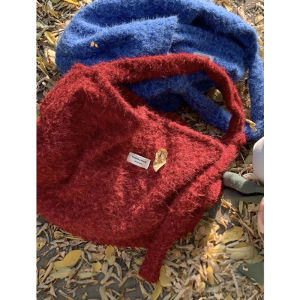 Casual Red Woolen Tote Bag Womens Large Capacity Bucket Bag Fashionable College Style Soft Polyester Lining Magnetic Buckle Closure