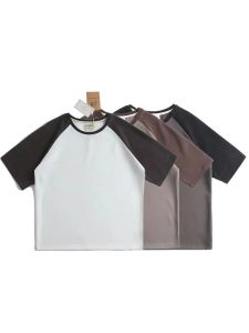 New American Style High End Heavyweight Pure Cotton Fashion Color Block Shoulder Loose Casual round Neck Short Sleeve T Shirt for Men Summer