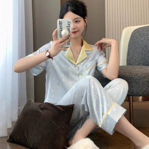 JIFANPAUL | Summer Sweet Ice Silk Short Sleeve Long Pants Womens Pajama Set