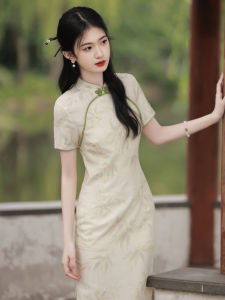 Retro Republic of China Style Silk Linen Short Sleeve Cheongsam Young Girl Waist Cinching Dress Floral Pattern Daily Wear