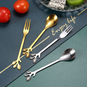 ชุดสแตนเลสสตีลส้อมใบสร้างสรรค์ช้อนคนสำหรับโต๊ะอาหารในห้องครัวช้อนผลไม้ขนมหวานเค้ก ชุดปริมาณ 24 บรรทัด