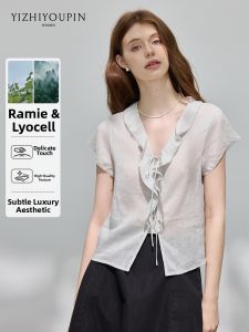 Slimming Versatile Lenzing Ramie V-Neck Short Sleeve Shirt Cool Sensation
