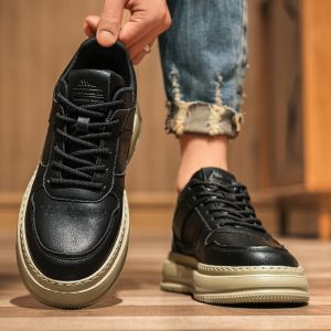 MINGTI | Black Leather High Sole Elevating Mens Sneaker