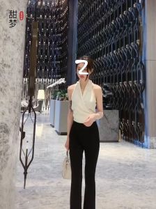 Summer 2025 Womens Sleeveless Neck Hanging Strap Top High Waist Flared Pants Fashionable OL Two-Piece Set Simple Elegance