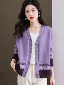เสื้อคาร์ดิแกนถักคอวีแฟชั่นสำหรับผู้หญิง ฤดูใบไม้ผลิและฤดูใบไม้ร่วง ทรงหลวม แขนยาว ปกติ ผ้าขนสัตว์ ไม่มีฮู้ด