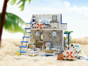 [HY] Set DIY Rumah Patung DIY Dollhouse Miniature Kit DIY Dollhouse Dust Cover Forest Blue Coast Christmas Birthday Gift DIY小屋沙滩风格装模型创意礼品生日礼物
