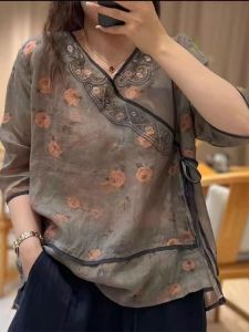Chinese Style Embroidery Ramie Printed Half Sleeve Shirt Womens Summer Plus Size Diagonal V-neck Lace-up 3/4 Sleeve Linen Tops