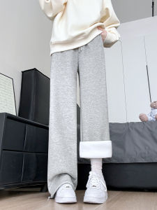 Light Gray Sports Pants Female Fall and Winter Fleece-lined 2024 New Arrival High Waist Loose Wide-Leg Casual Pants American Ankle-Tied Sweatpants