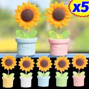 5PCS Car Swinging Sunflower Ornament Car Center Console Decorations Fresh Small Flower Pots Cute Bobble Head Ornaments