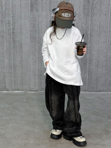 White Long Sleeve Base Shirt for Girls Autumn Winter Inner Wear Thin Fleece Layering Top Cotton round Neck Korean Style Childrens Clothing