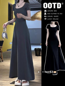 Elegant Black French Style Slim Fit Dress Waist Cinched Long Spring Womens High Fashion Sensation Short Size New 2025