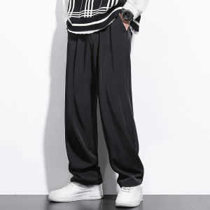 Mens Straight Leg Suit Pants Ice Silk Casual Loose Fit Long Trousers Spring Autumn Summer Thin High Waist Button Closure