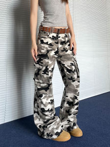 Apocket American Retro Camouflage Wide Leg Work Pants Women Loose Straight Design Sense Trousers Street Style Cotton Blend